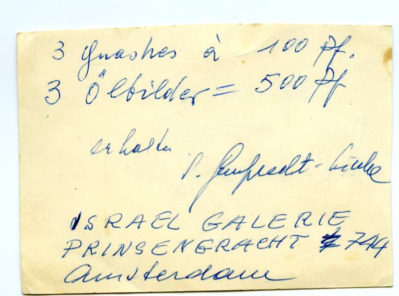 Handwritten receipt from Israel Galerie, Prinsengracht 744, Amsterdam